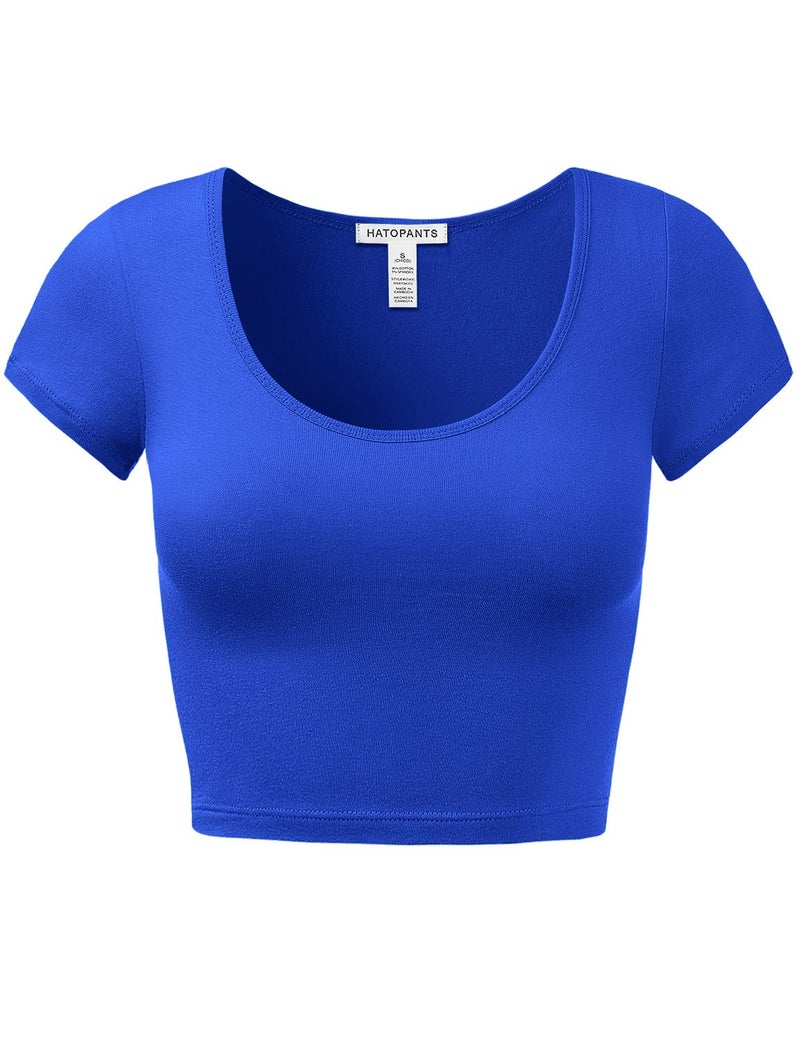 HATOPANTS Women's Cotton Crop Tops Short Sleeve Scoop Neck Stretchy Casual Shirt RBLU S - Image 1